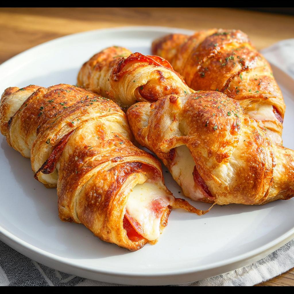 Four golden-brown mozzarella pepperoni croissant rolls filled with melted cheese and pepperoni on a white plate.