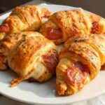 Four golden-brown mozzarella pepperoni croissant rolls on a white plate, with melted cheese oozing out.