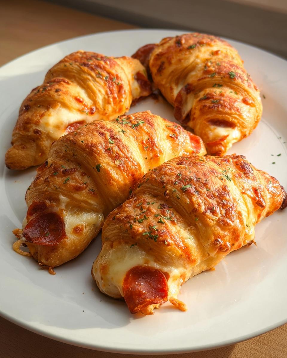 Four golden-brown mozzarella pepperoni croissant rolls baked on a white plate, with cheese oozing out.