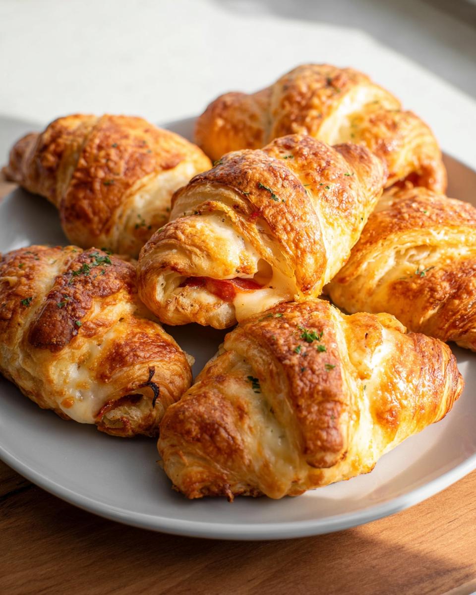 A plate of golden-brown, cheesy mozzarella pepperoni croissant rolls, some showing visible pepperoni and melted cheese filling.