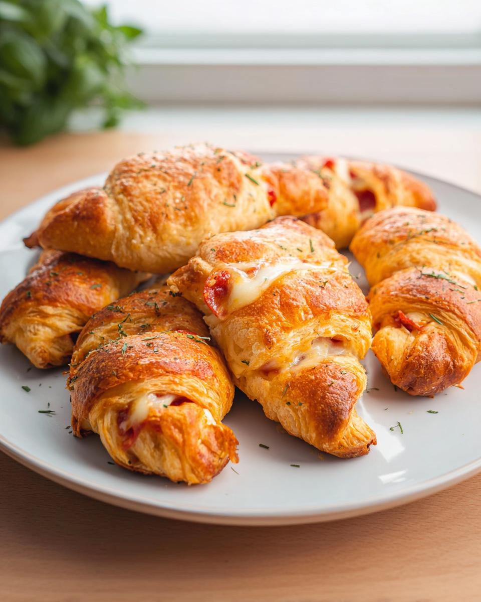 A plate of golden-brown mozzarella pepperoni croissant rolls, with melted cheese oozing out.