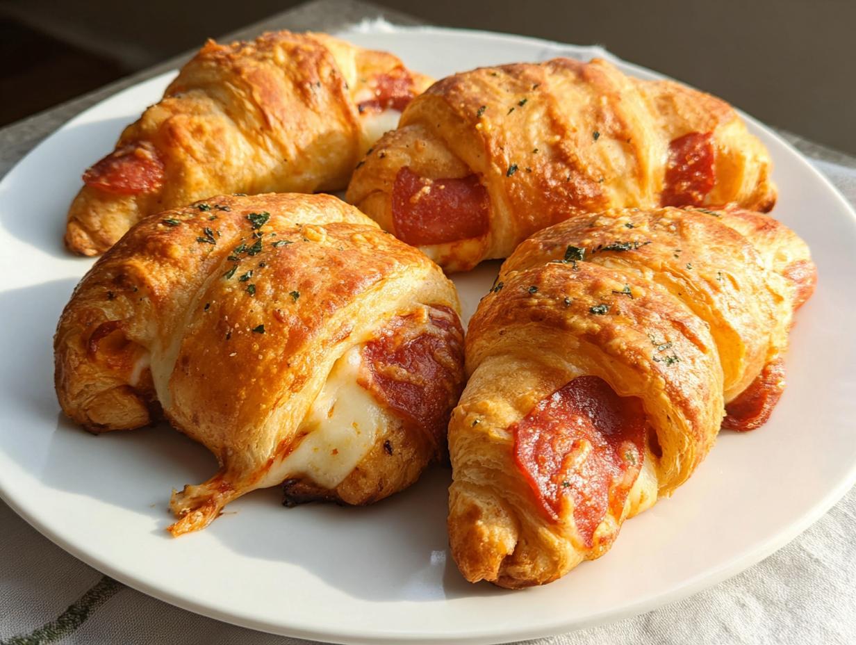Four golden-brown mozzarella pepperoni croissant rolls on a white plate, with melted cheese oozing out.