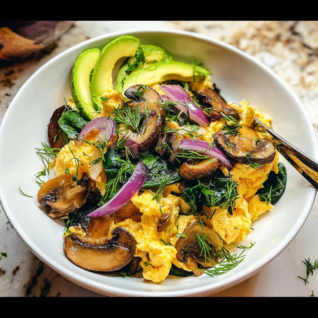 A bowl of fluffy Mushroom Spinach Scrambled Eggs topped with sliced red onion, fresh dill, and avocado slices.
