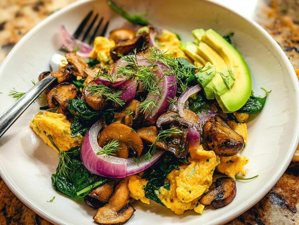 A vibrant bowl of Mushroom Spinach Scrambled Eggs topped with red onion, fresh dill, and sliced avocado.