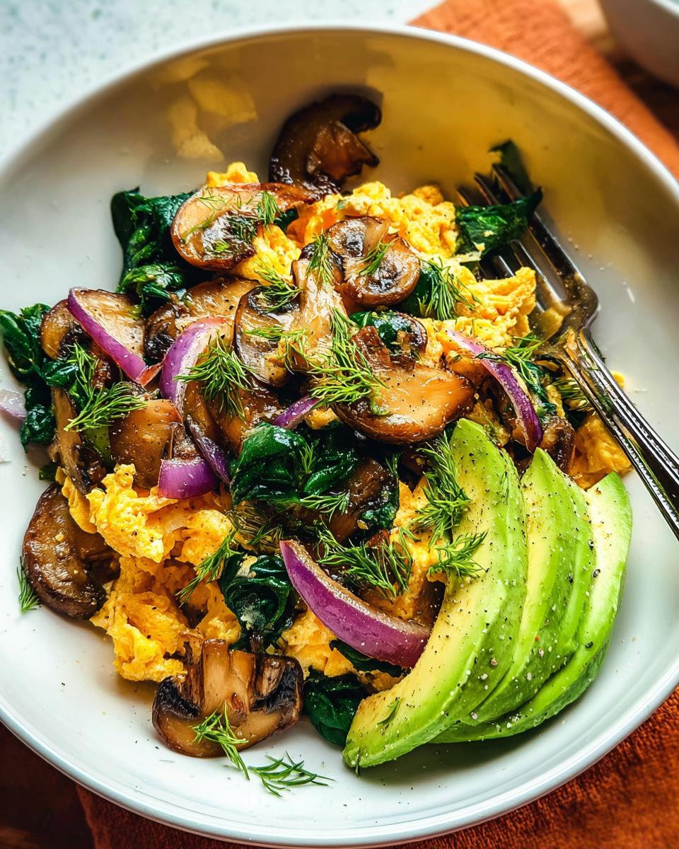 A bowl of Mushroom Spinach Scrambled Eggs topped with sliced avocado and fresh dill.