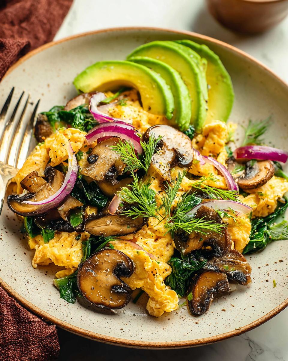 A plate of fluffy Mushroom Spinach Scrambled Eggs topped with sliced avocado, red onion, and fresh dill.