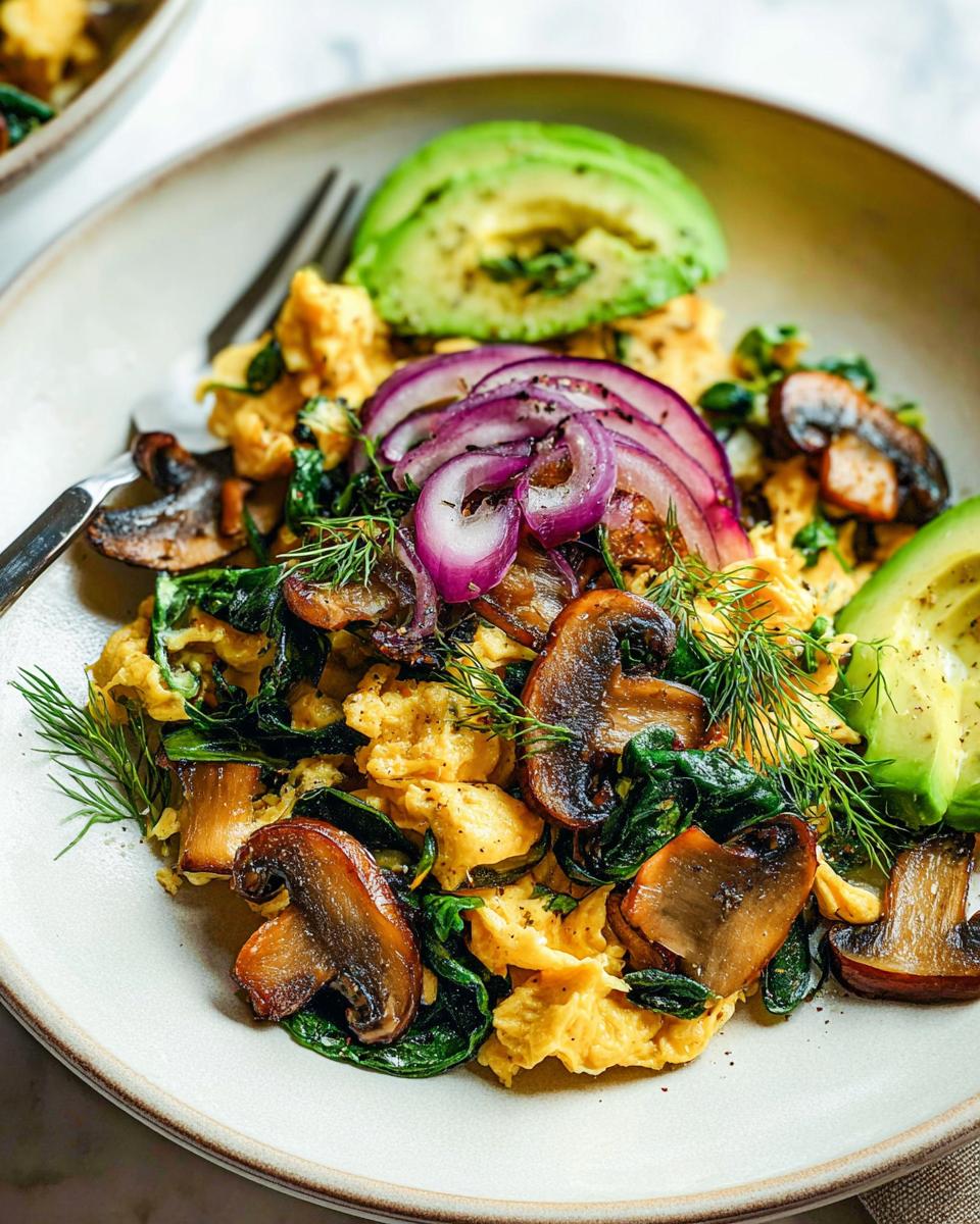 A plate of fluffy Mushroom Spinach Scrambled Eggs topped with red onion, dill, and avocado slices.