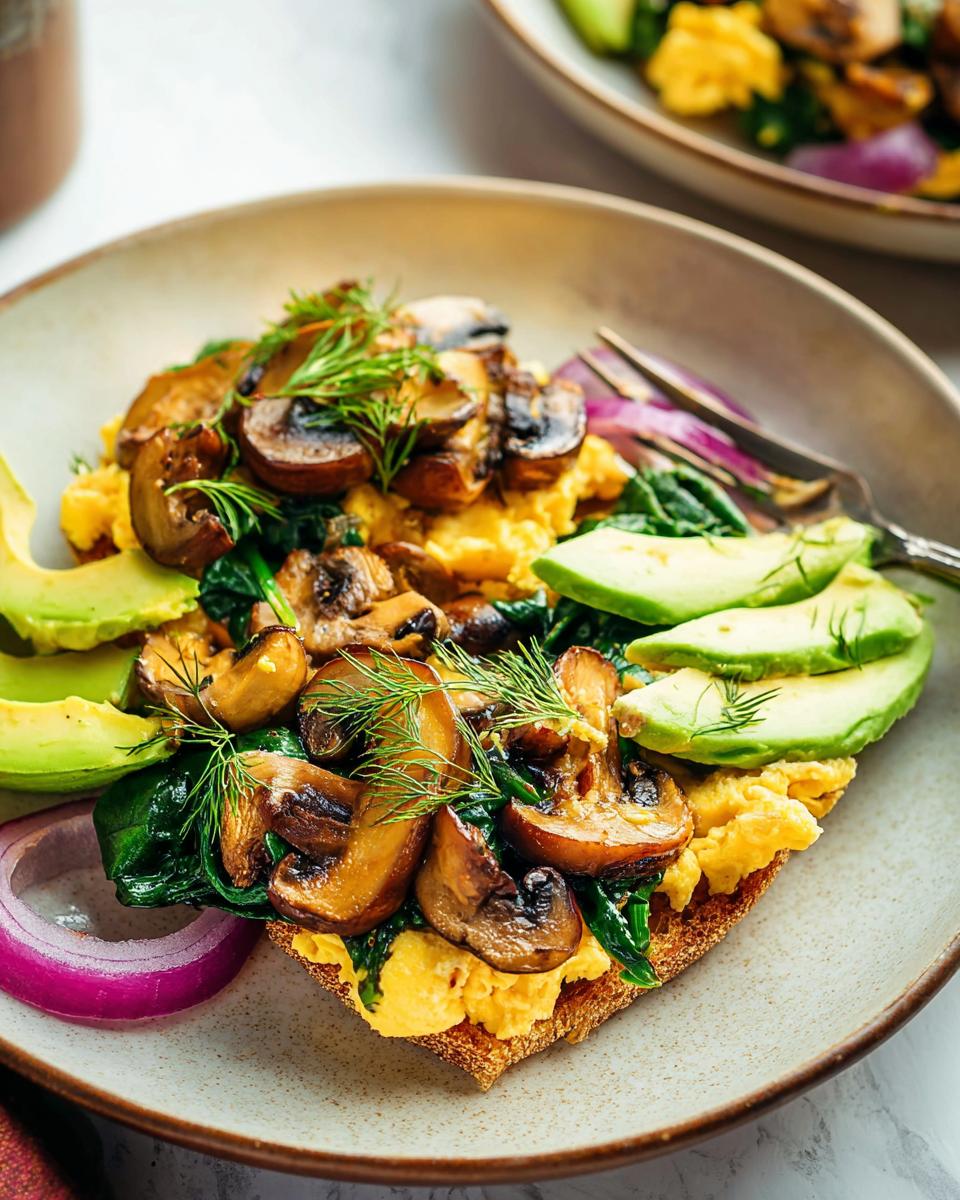 A delicious open-faced sandwich with Mushroom Spinach Scrambled Eggs, topped with sliced avocado and fresh dill.