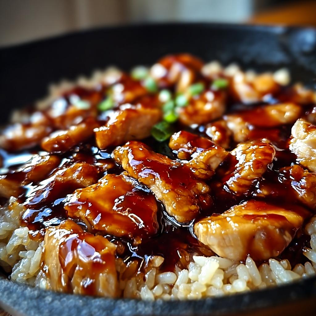 A close-up of glistening, saucy chicken pieces served over fluffy rice in a black pan, garnished with green onions. This is the One-Pan Honey BBQ Chicken Rice.