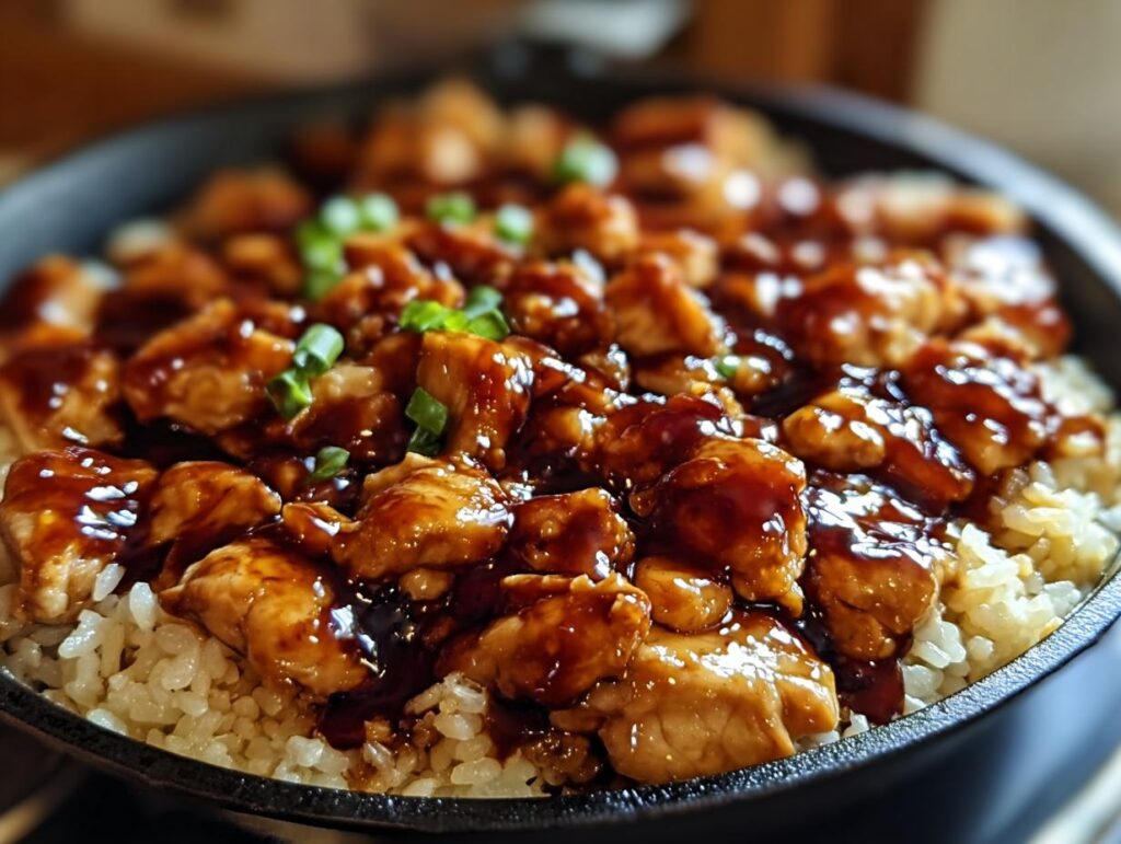 Close-up of One-Pan Honey BBQ Chicken Rice, featuring tender chicken pieces coated in a glossy BBQ sauce served over fluffy white rice, garnished with green onions.