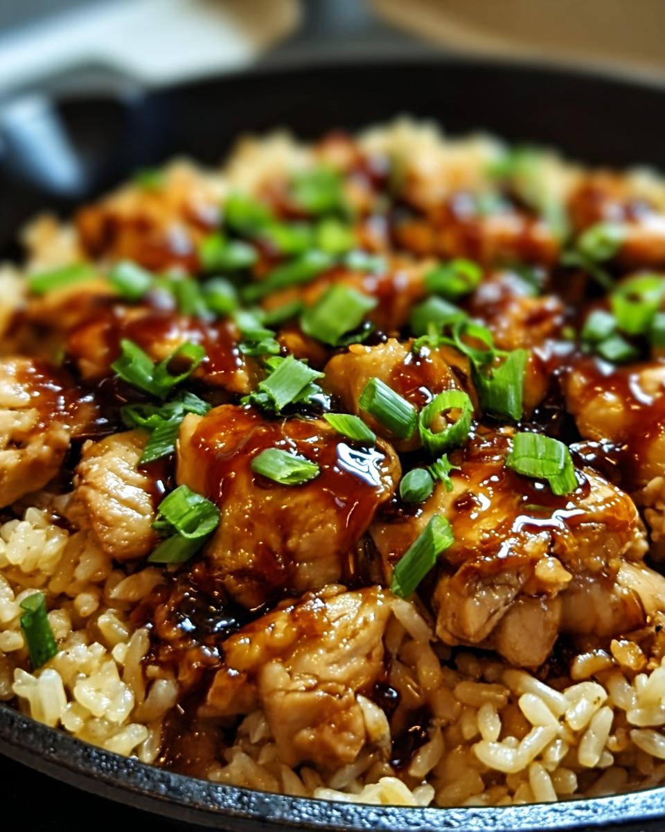 A close-up of One-Pan Honey BBQ Chicken Rice topped with chopped green onions and a glossy sauce.