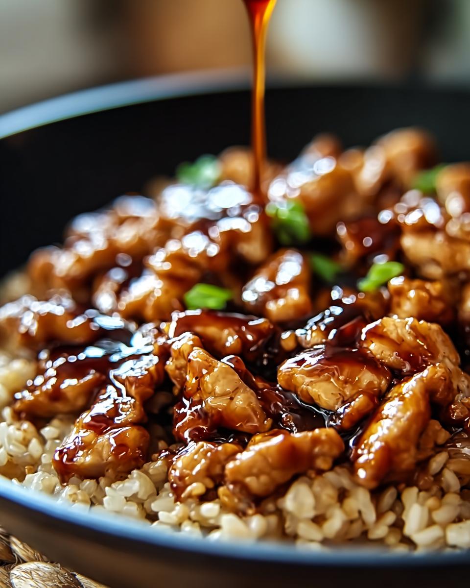 A close-up of glistening chicken pieces coated in honey BBQ sauce, served over fluffy rice, part of the One-Pan Honey BBQ Chicken Rice dish.