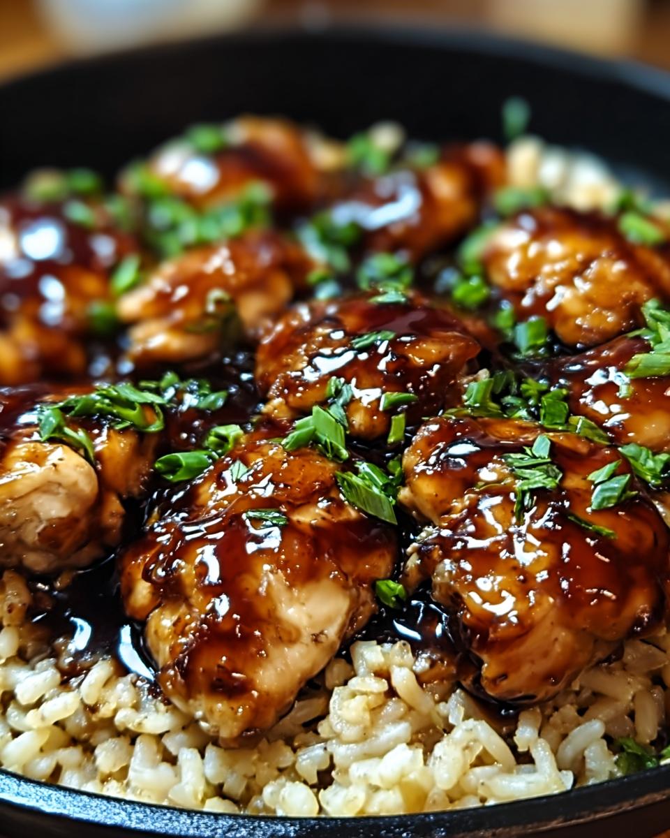 A close-up of glistening chicken pieces coated in honey BBQ sauce, served over fluffy rice and garnished with green onions.