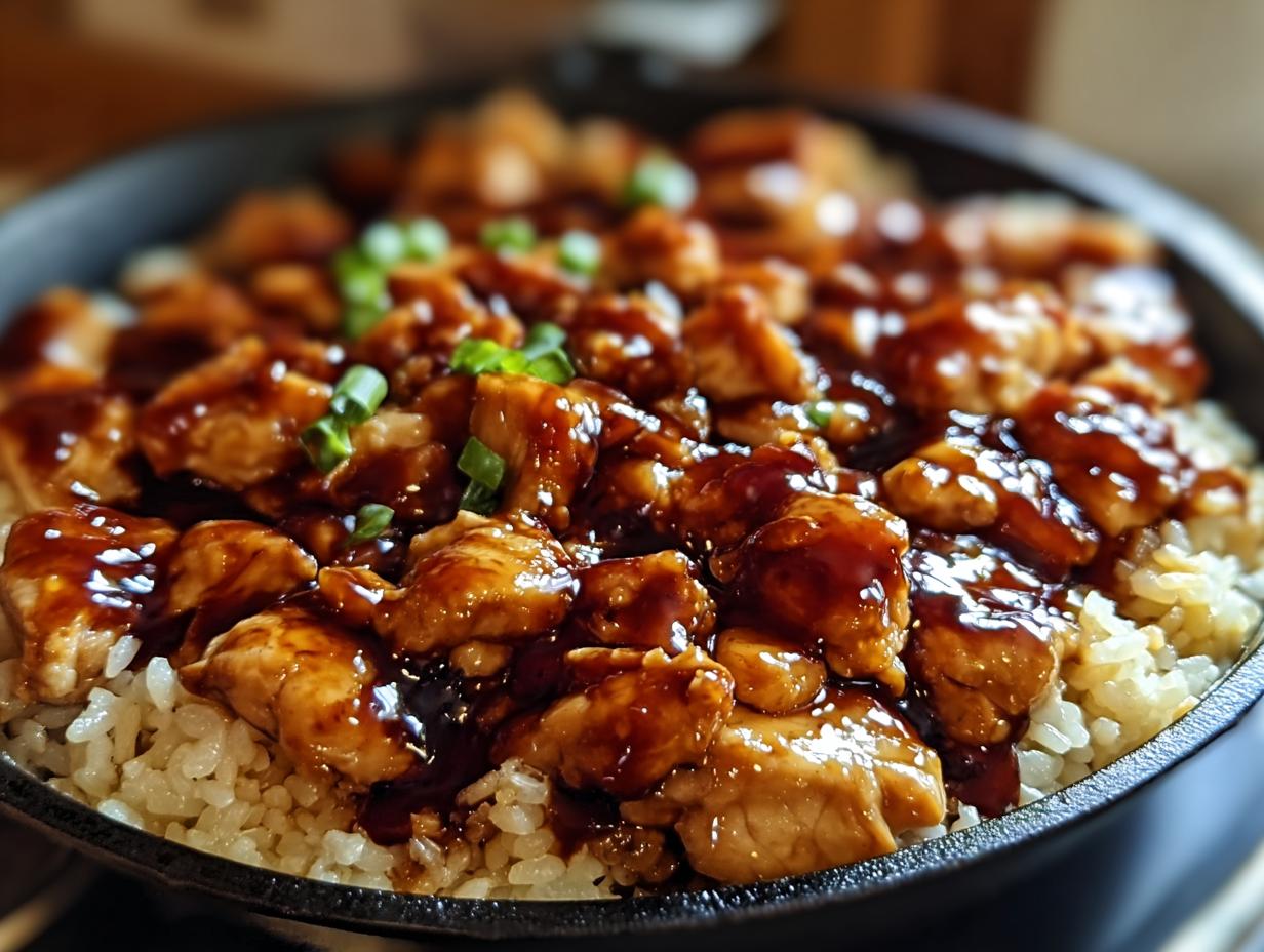 Close-up of One-Pan Honey BBQ Chicken Rice, featuring tender chicken pieces coated in a glossy BBQ sauce served over fluffy white rice, garnished with green onions.