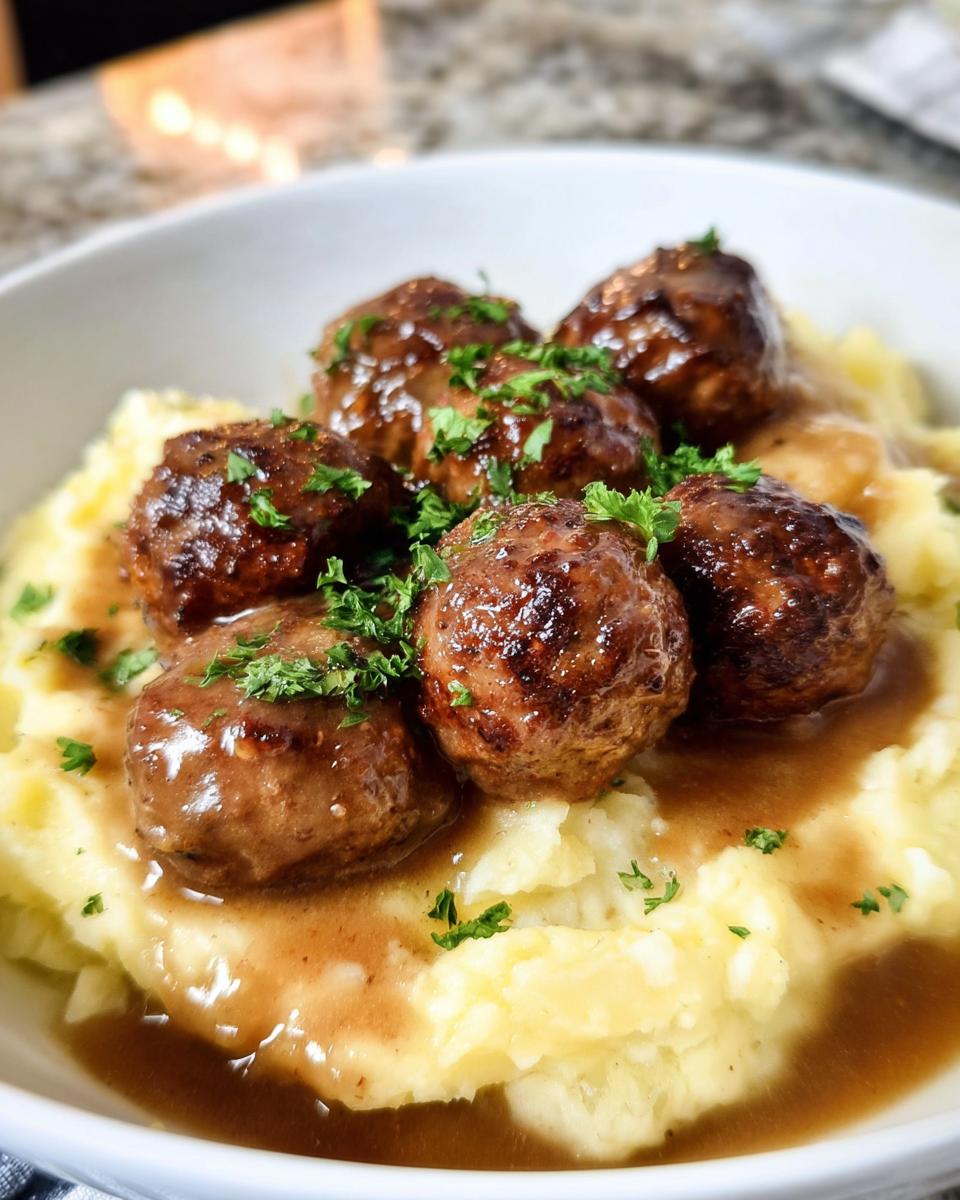 A bowl of Salisbury Steak Meatballs served over creamy Garlic Herb Mashed Potatoes, garnished with parsley.