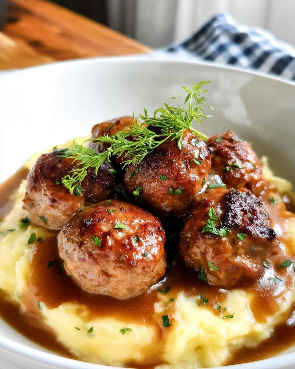 Close-up of Salisbury steak meatballs served over creamy garlic herb mashed potatoes, drizzled with savory brown gravy.