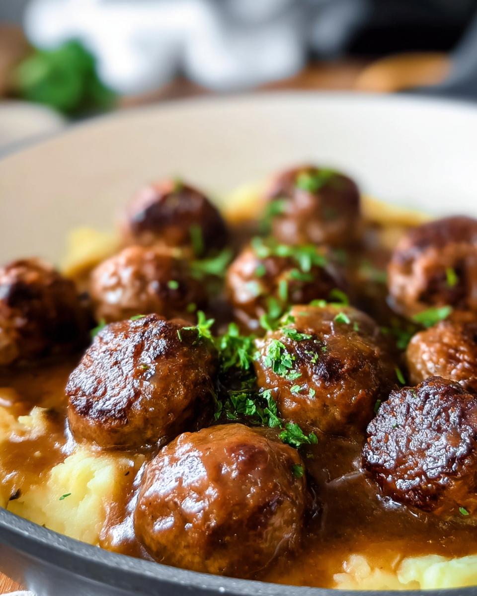 Close-up of Salisbury Steak Meatballs nestled in rich gravy over creamy Garlic Herb Mashed Potatoes, garnished with parsley.
