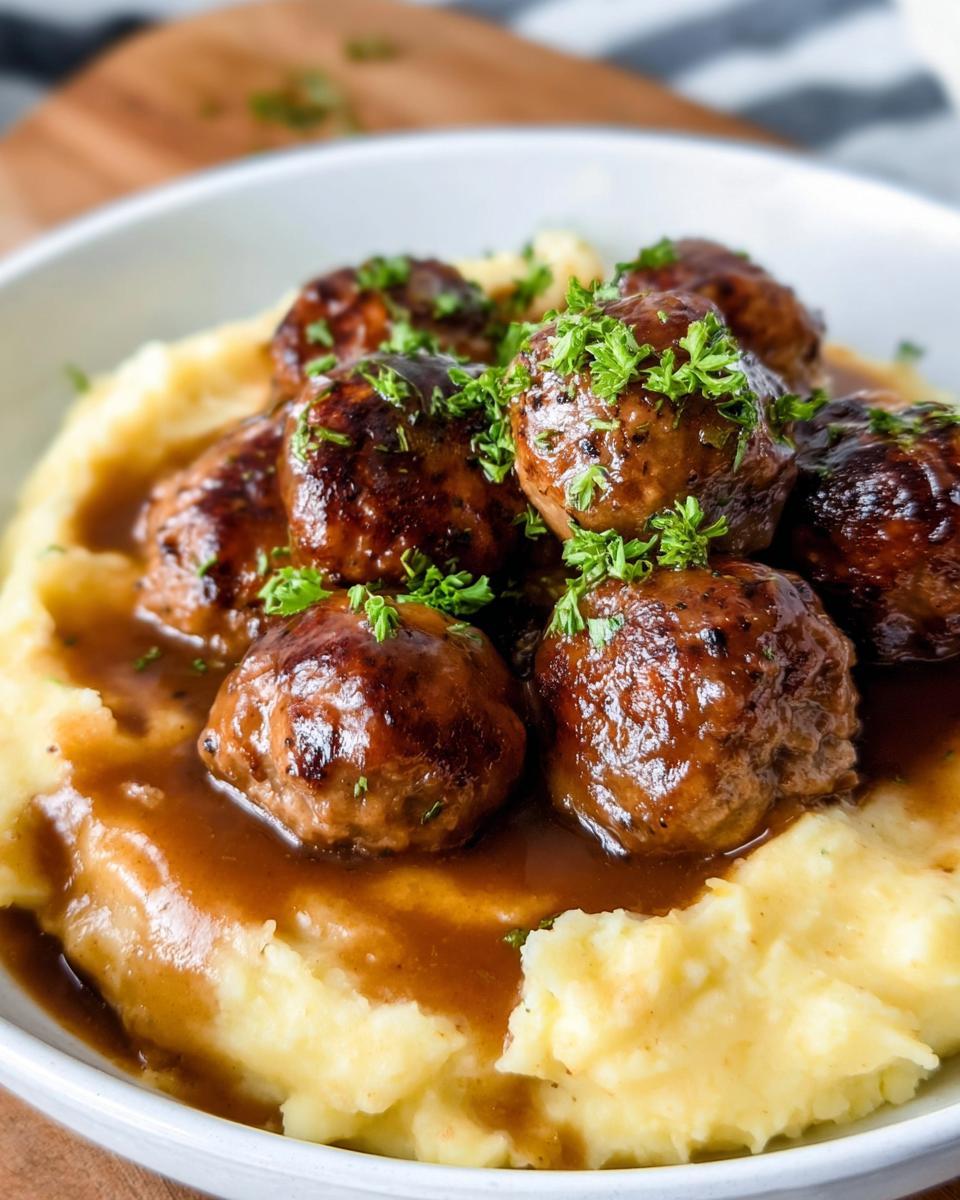 Close-up of Salisbury Steak Meatballs nestled in creamy Garlic Herb Mashed Potatoes, garnished with parsley.