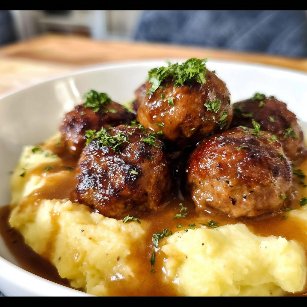 A comforting bowl of Salisbury Steak Meatballs served over creamy Garlic Herb Mashed Potatoes, drizzled with savory gravy and garnished with parsley.