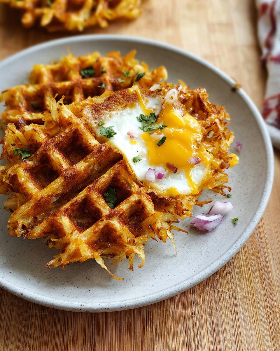 A crispy savory hashbrown chaffle topped with a fried egg, melted cheese, and chopped red onion.