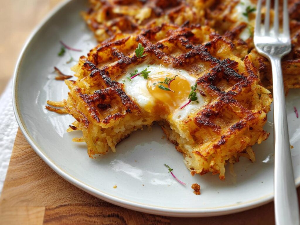 A close-up of a crispy savory hashbrown chaffle with a perfectly cooked egg in the center, garnished with microgreens.