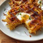 A close-up of a crispy savory hashbrown chaffle with a perfectly cooked egg in the center, garnished with microgreens.