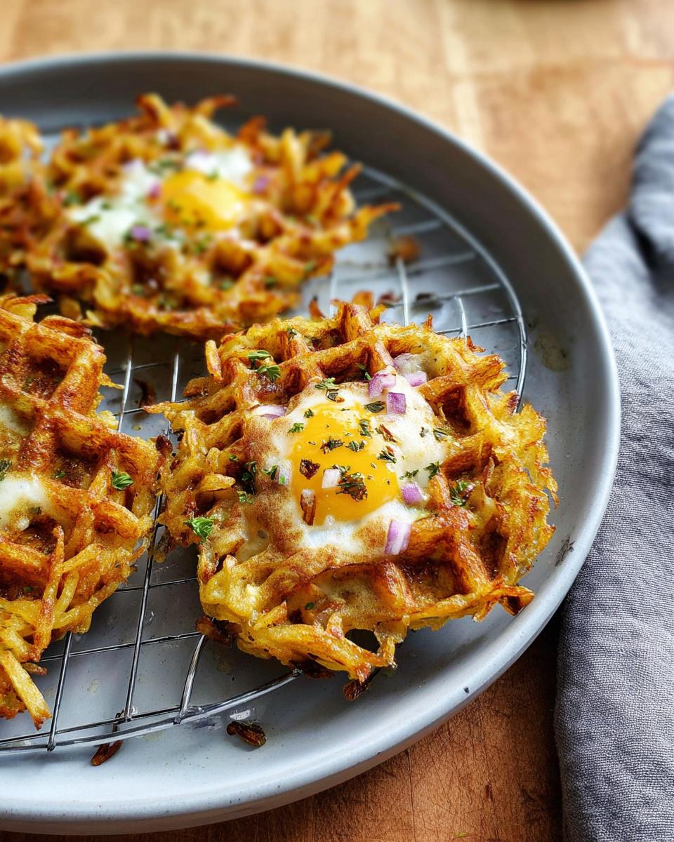 Close-up of a crispy Savory Hashbrown Chaffle with a perfectly cooked egg and red onion.