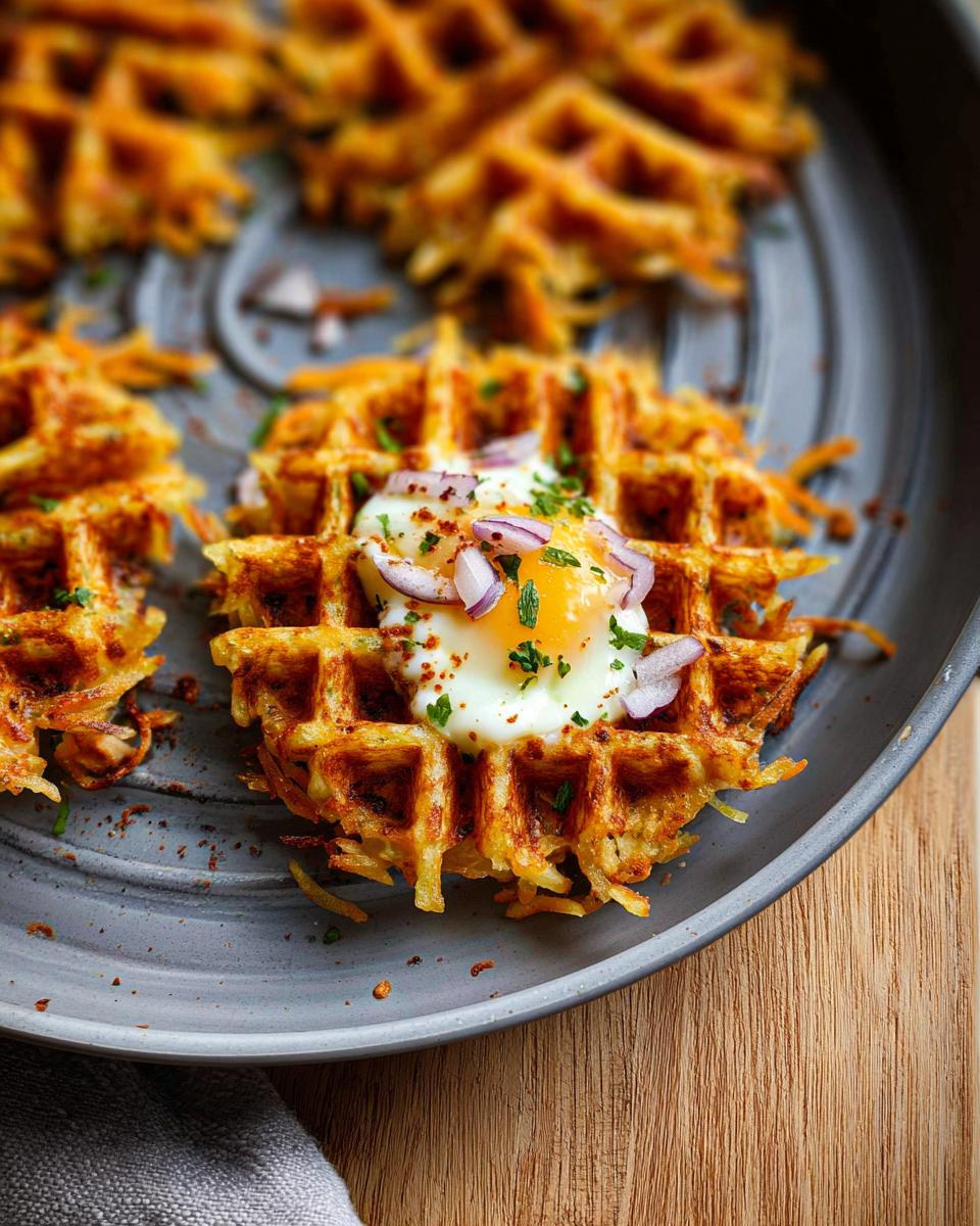 A close-up of a crispy savory hashbrown chaffle topped with a fried egg, red onion, and parsley.