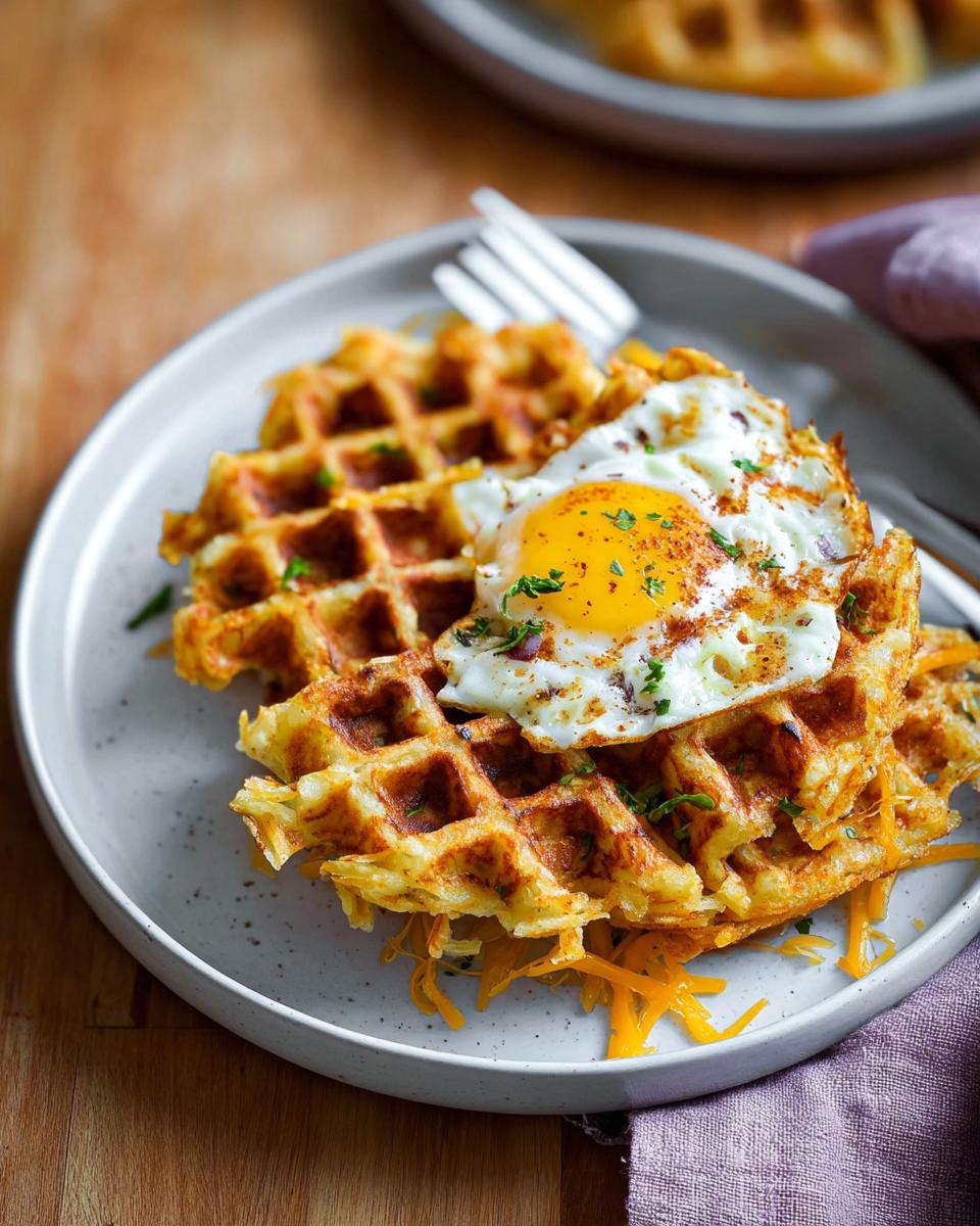 Crispy Savory Hashbrown Chaffle topped with a perfectly fried egg and fresh herbs.