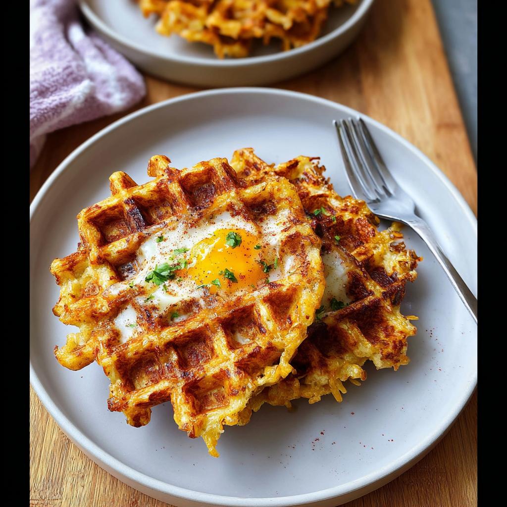Two golden brown savory hashbrown chaffles topped with a fried egg and fresh parsley.