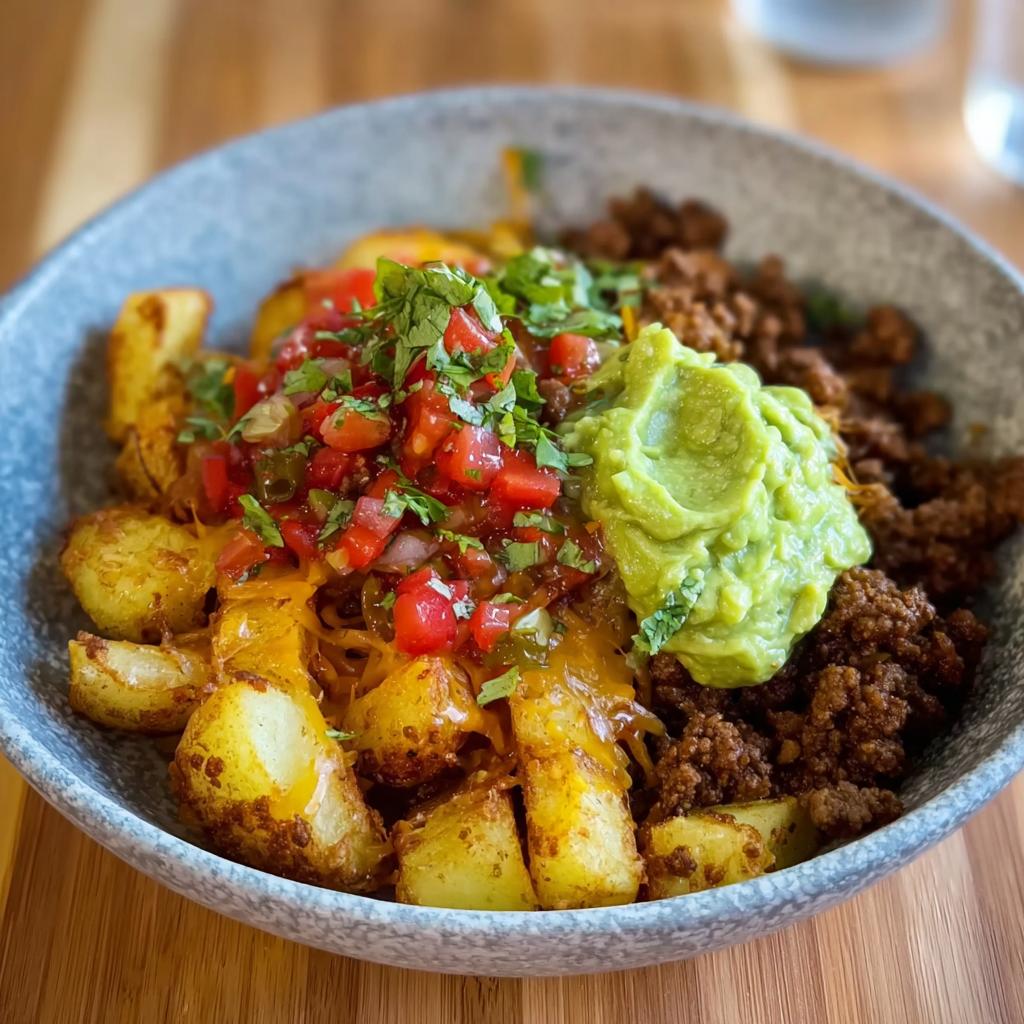 A delicious Schnelle Kartoffel Taco Bowl Meal Prep with seasoned potatoes, ground meat, salsa, and guacamole.