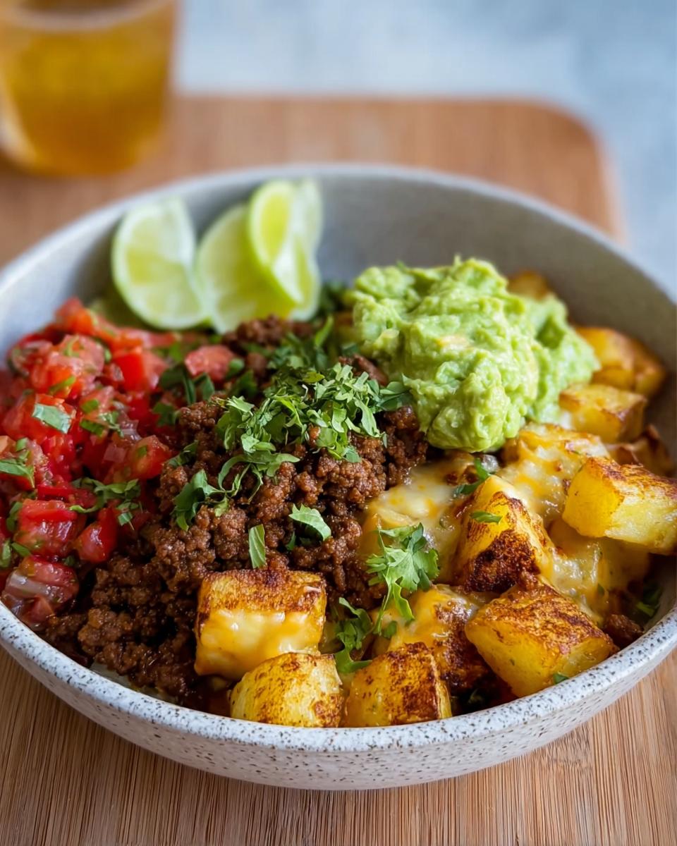 A delicious Schnelle Kartoffel Taco Bowl Meal Prep with seasoned ground beef, salsa, guacamole, and melted cheese over crispy potatoes.