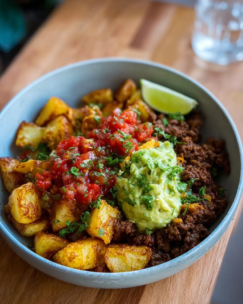 A delicious Schnelle Kartoffel Taco Bowl Meal Prep with roasted potatoes, seasoned ground meat, salsa, and guacamole.