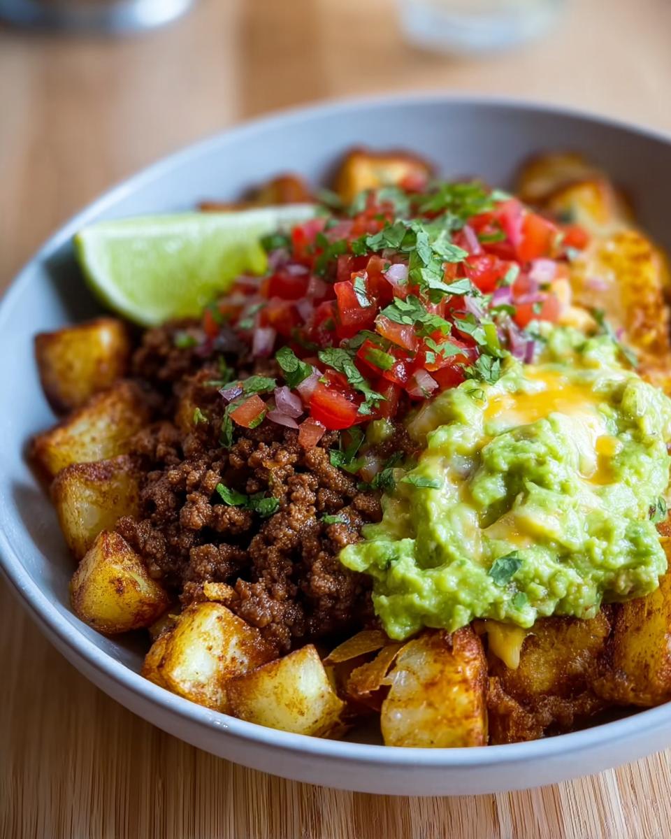 A delicious Schnelle Kartoffel Taco Bowl Meal Prep with seasoned ground meat, pico de gallo, guacamole, and a lime wedge.
