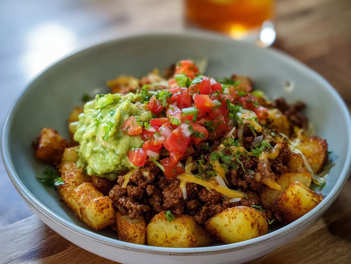 A delicious Schnelle Kartoffel Taco Bowl Meal Prep with seasoned ground beef, crispy potatoes, guacamole, and pico de gallo.