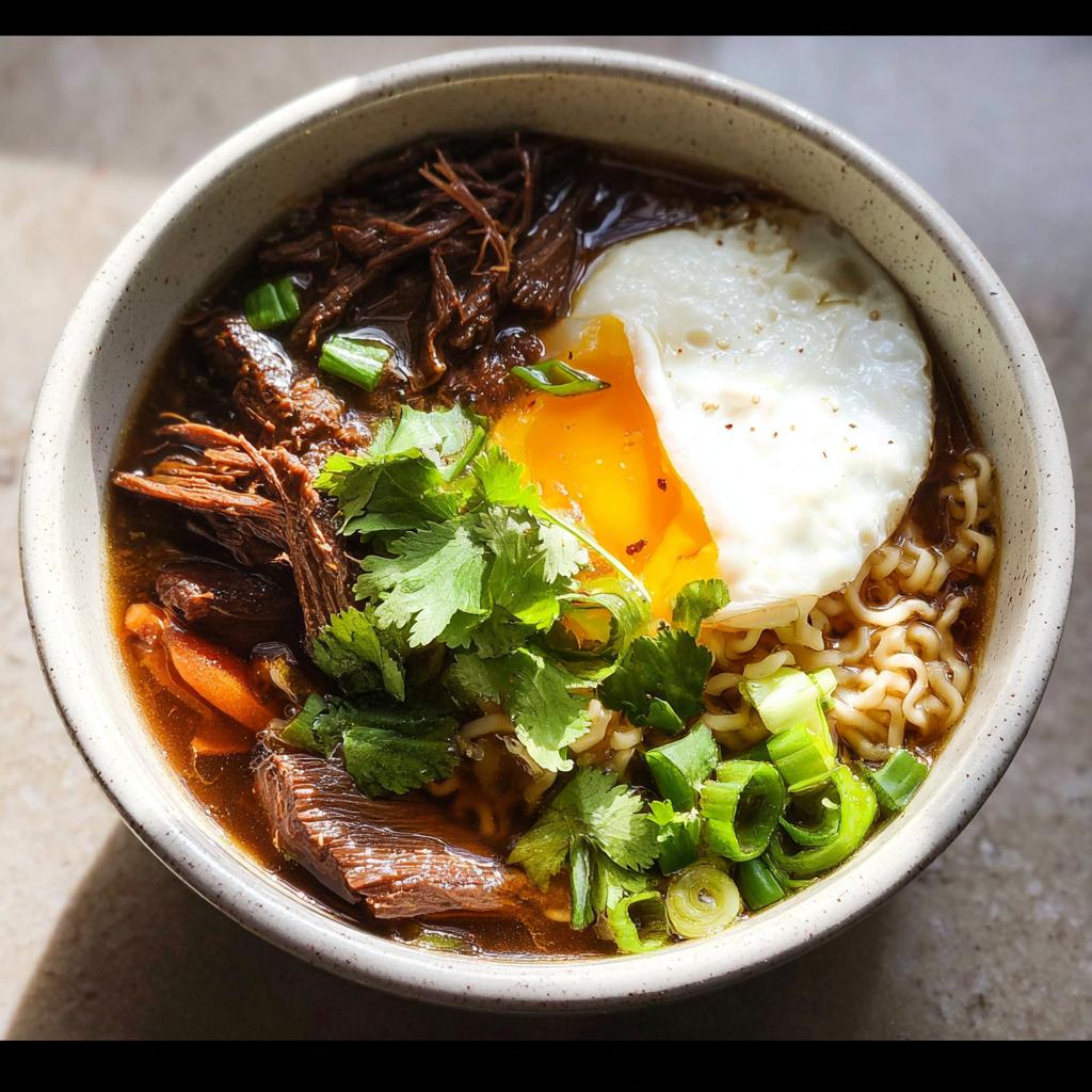 A close-up of a bowl of Slow Cooker Beef Ramen Noodles, featuring tender beef, ramen noodles, a fried egg, and fresh garnishes.