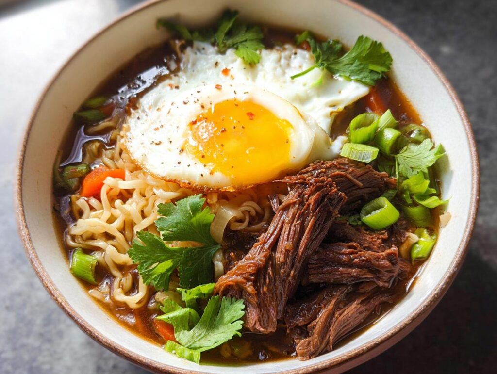 A bowl of Slow Cooker Beef Ramen Noodles topped with a perfectly fried egg, shredded beef, and fresh cilantro.