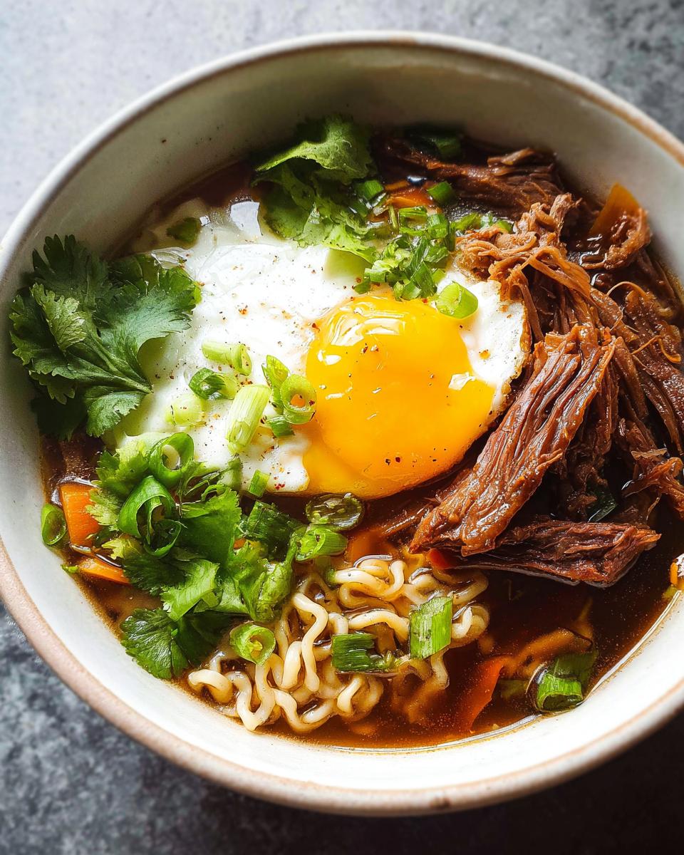 A bowl of Slow Cooker Beef Ramen Noodles topped with a fried egg, shredded beef, cilantro, and green onions.