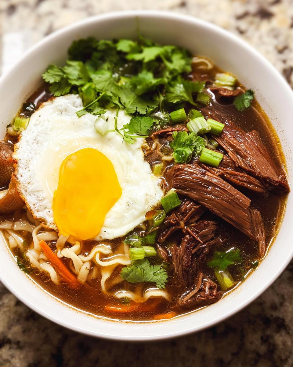 A close-up of a bowl of Slow Cooker Beef Ramen Noodles topped with a fried egg, shredded beef, cilantro, and green onions.