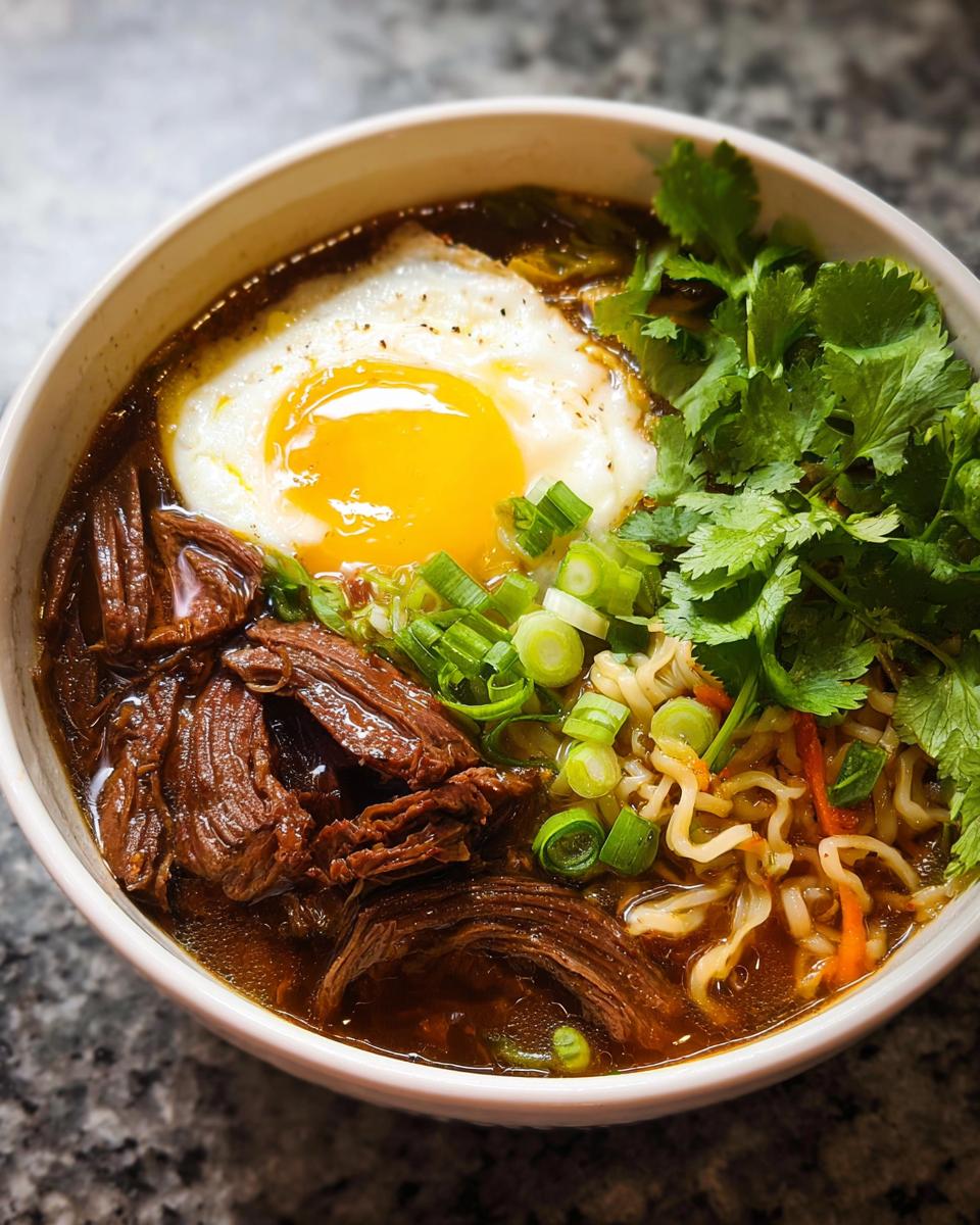 A close-up of a bowl of Slow Cooker Beef Ramen Noodles topped with a fried egg, shredded beef, green onions, and cilantro.
