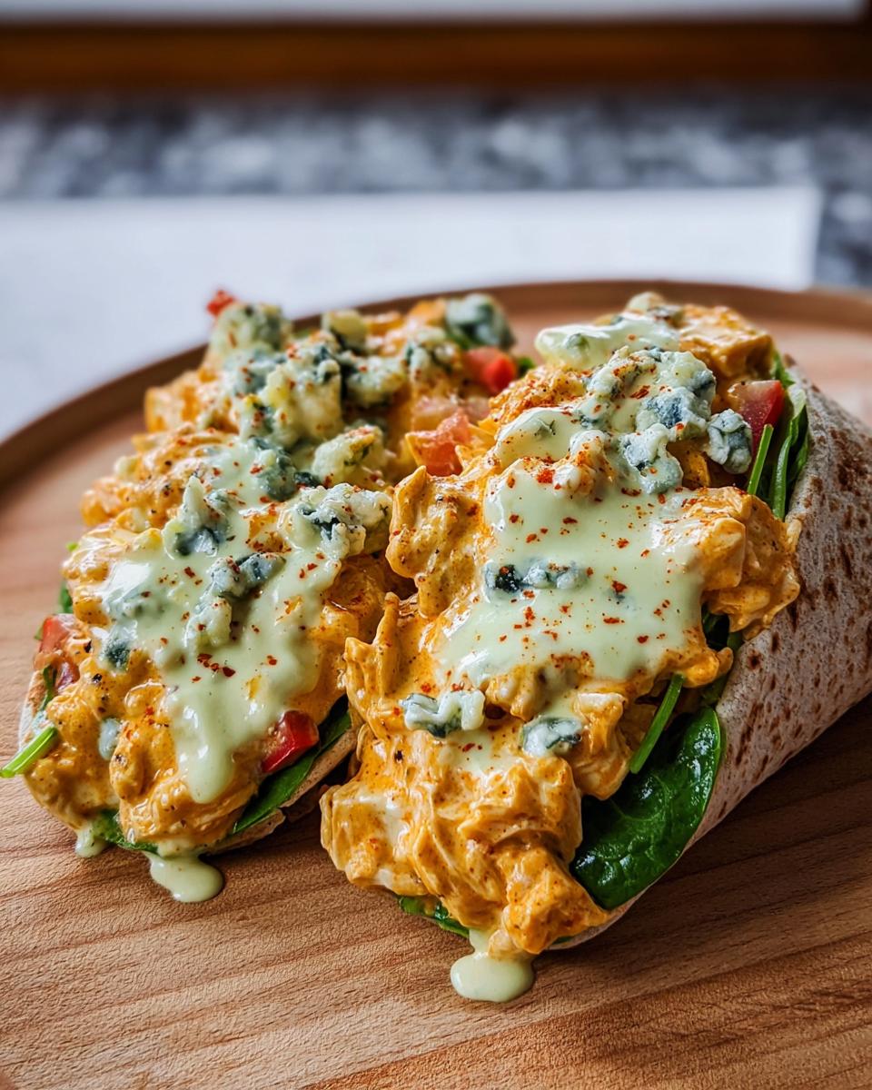 Two Spicy Buffalo Chicken Wraps filled with shredded chicken, blue cheese, and spinach on a wooden board.