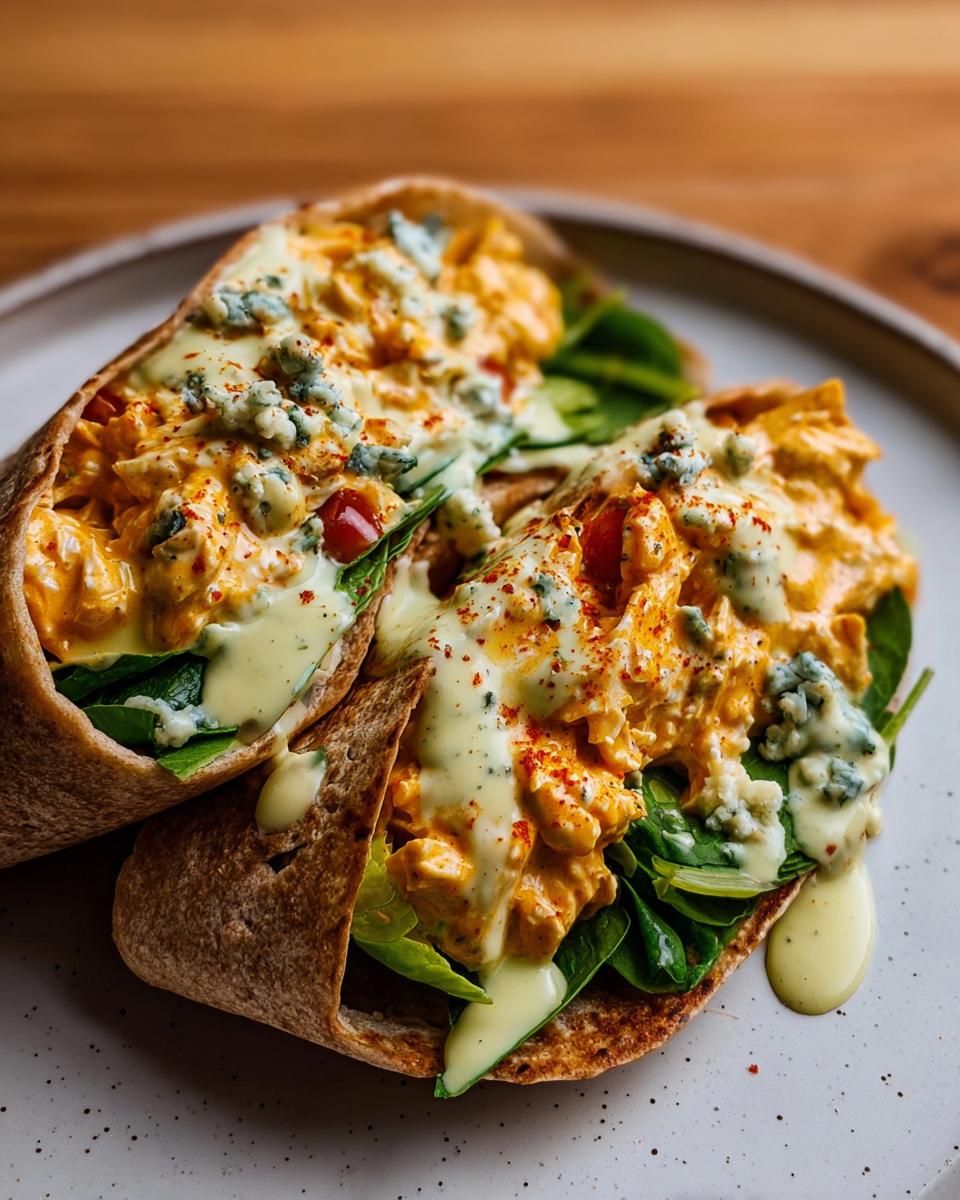 Two halves of Spicy Buffalo Chicken Wraps filled with shredded chicken, spinach, and drizzled with sauce and blue cheese.