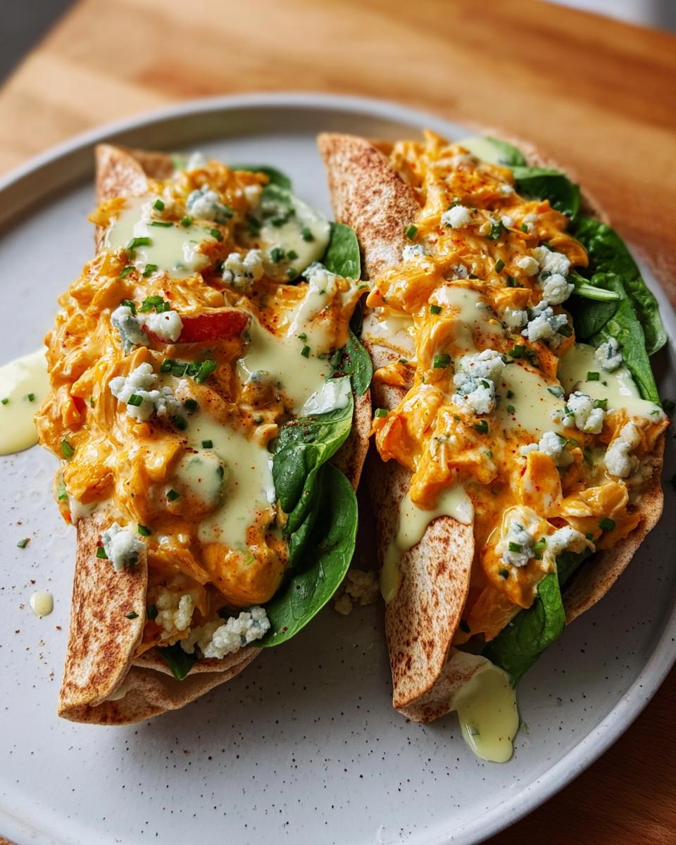 Two Spicy Buffalo Chicken Wraps filled with shredded chicken, spinach, blue cheese, and drizzled with sauce.