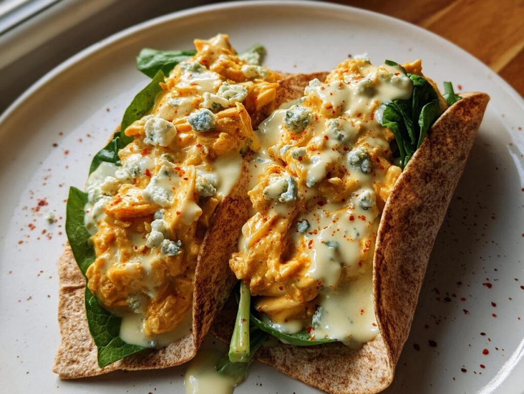 Two Spicy Buffalo Chicken Wraps filled with shredded chicken, spinach, blue cheese, and drizzled with sauce.