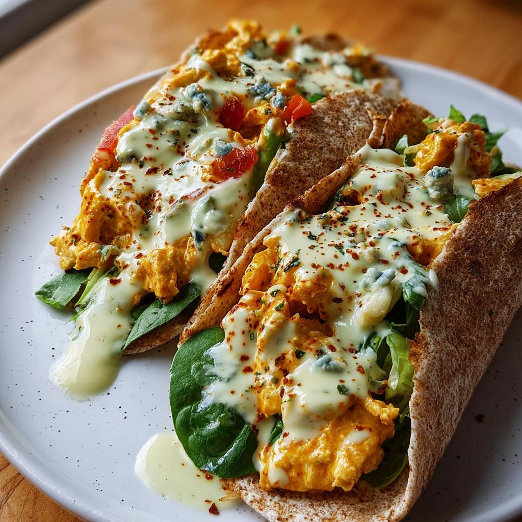 Two Spicy Buffalo Chicken Wraps for Two filled with shredded chicken, lettuce, tomatoes, blue cheese, and drizzled with creamy sauce.