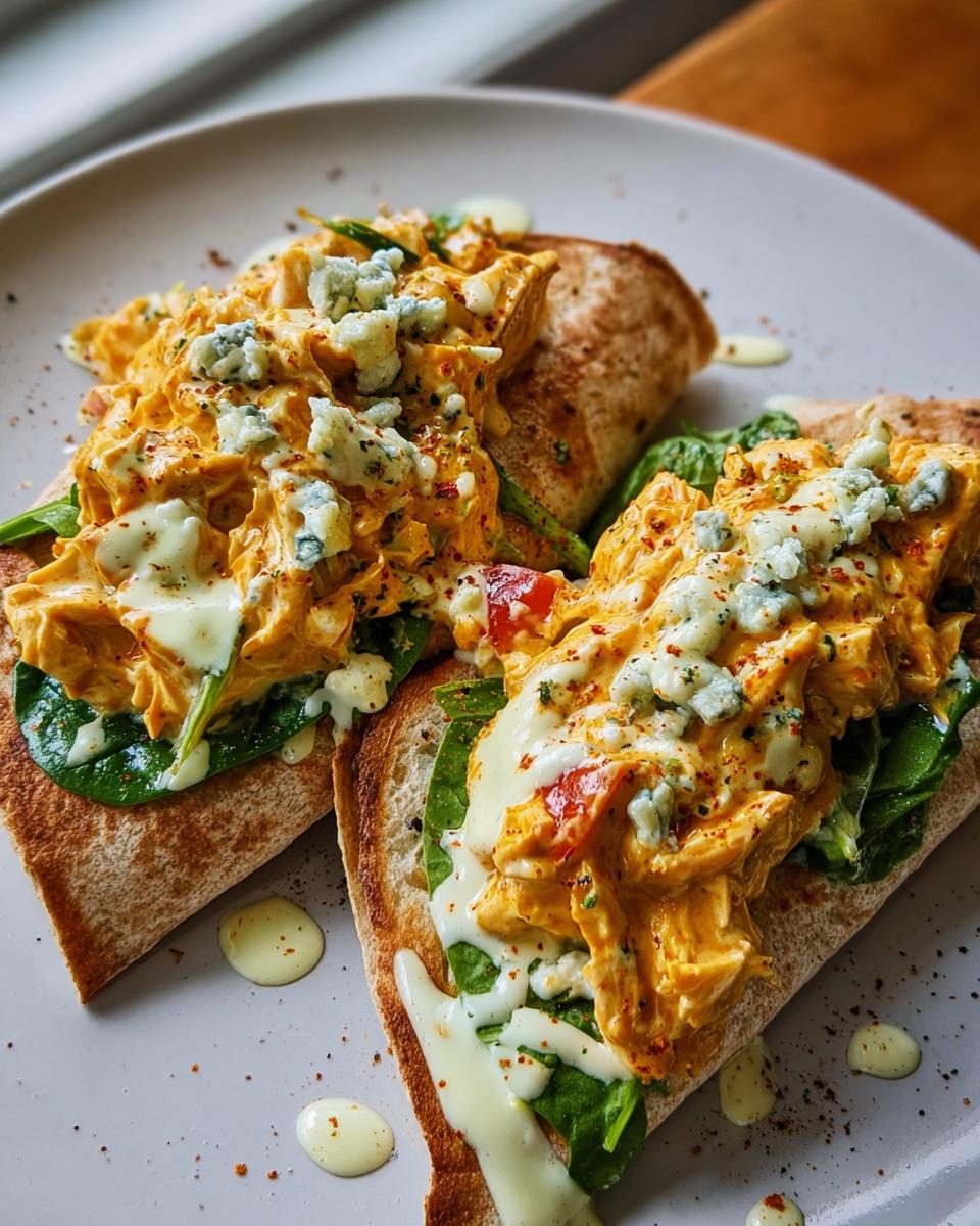 Two Spicy Buffalo Chicken Wraps for Two filled with shredded chicken, spinach, and blue cheese crumbles.