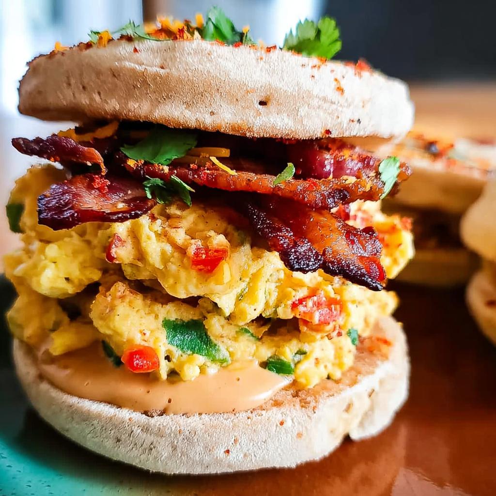 A close-up of a Spicy Chipotle Egg Breakfast Sandwich with fluffy scrambled eggs, crispy bacon, and fresh cilantro on an English muffin.