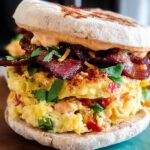 A close-up of a Spicy Chipotle Egg Breakfast Sandwich stacked high with scrambled eggs, bacon, and fresh herbs.