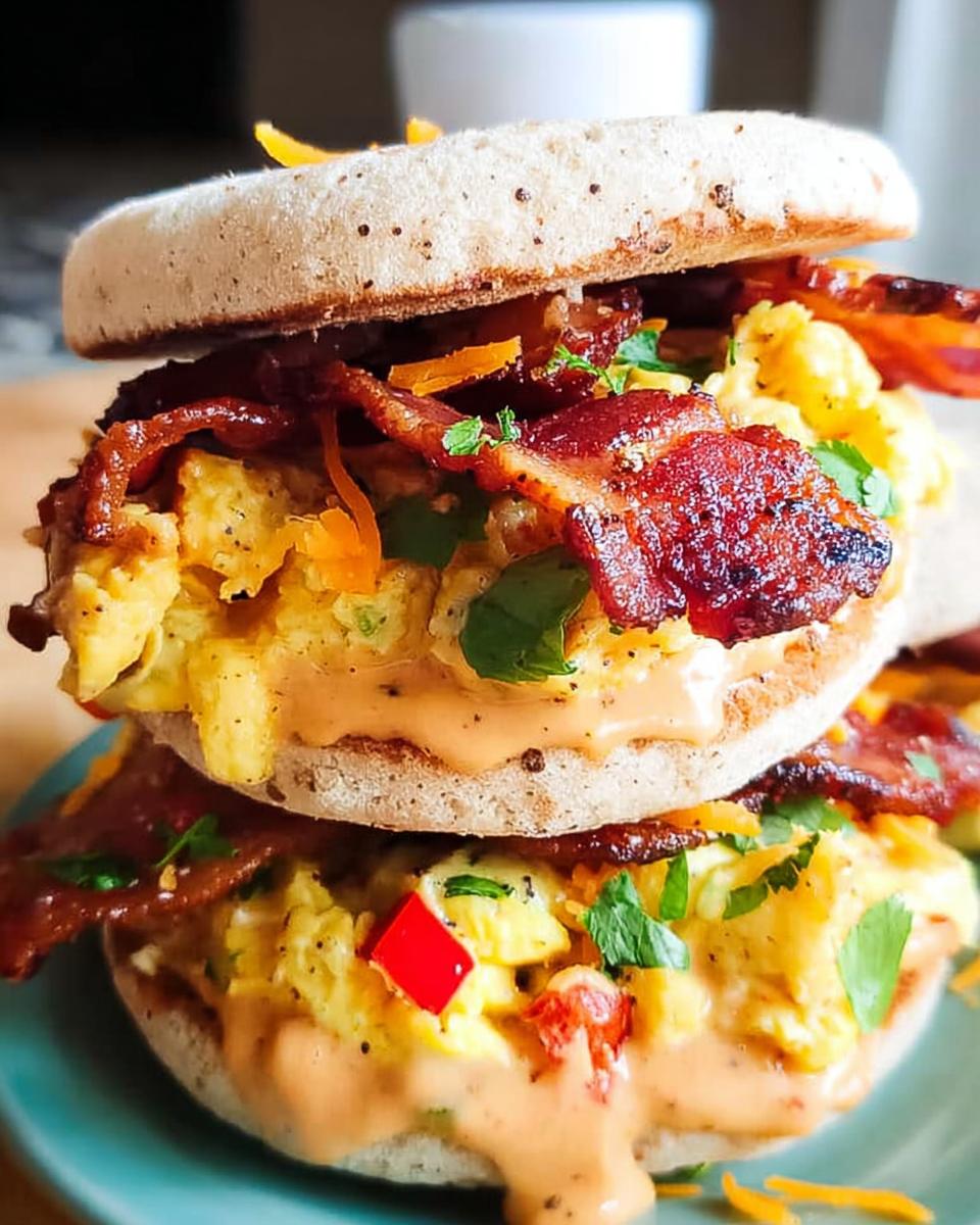 Close-up of a stack of spicy chipotle egg breakfast sandwiches with bacon, cheese, and sauce.