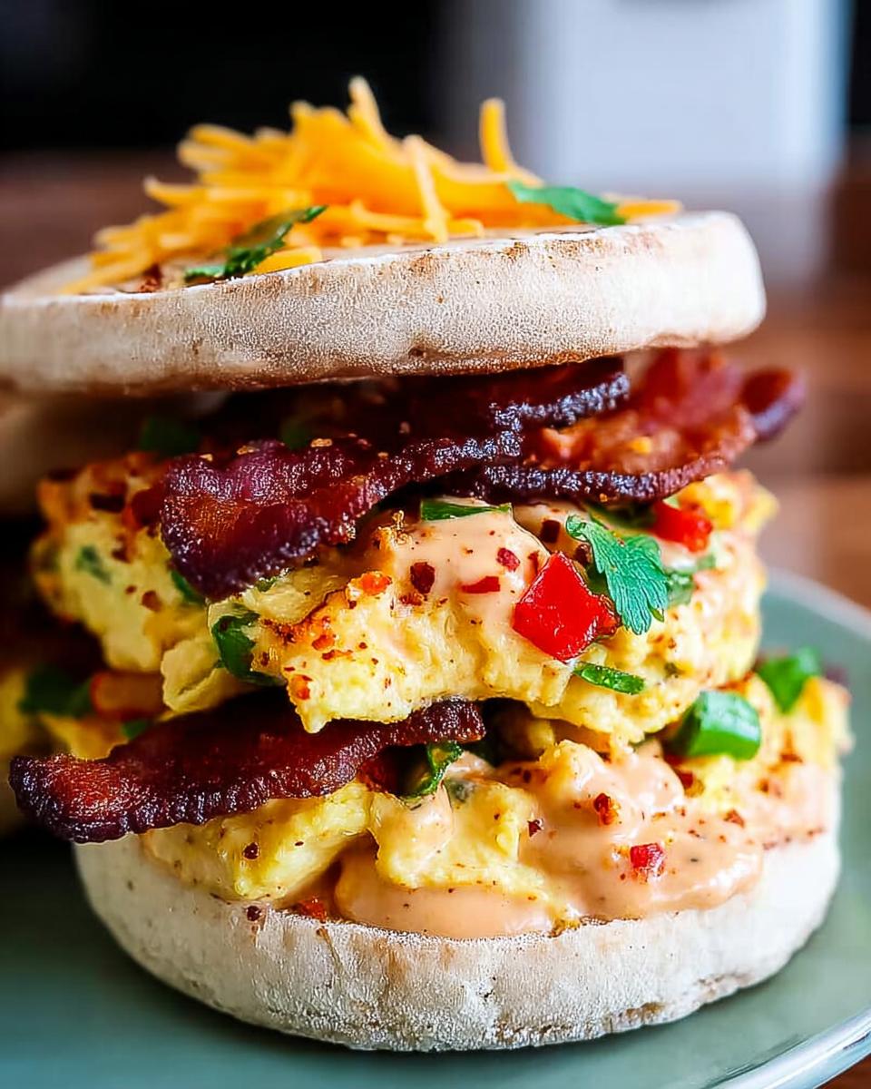 A stacked Spicy Chipotle Egg Breakfast Sandwich with bacon, scrambled eggs, and shredded cheese on an English muffin.
